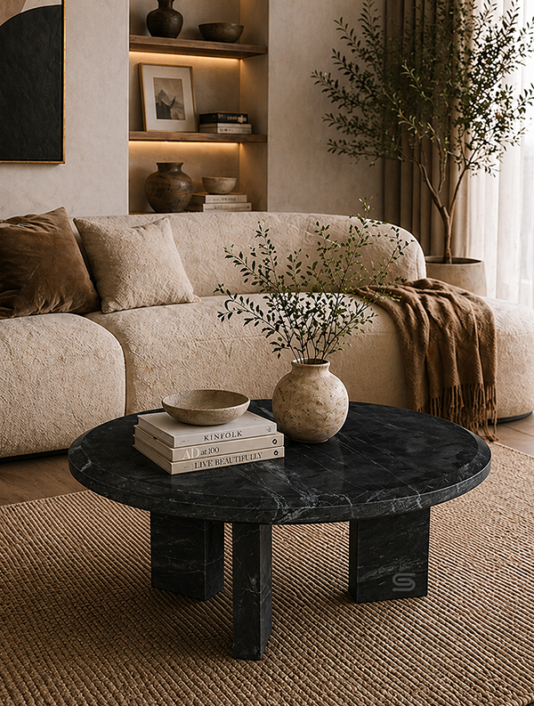 Eclipse Pillar Black Marble Coffee Table