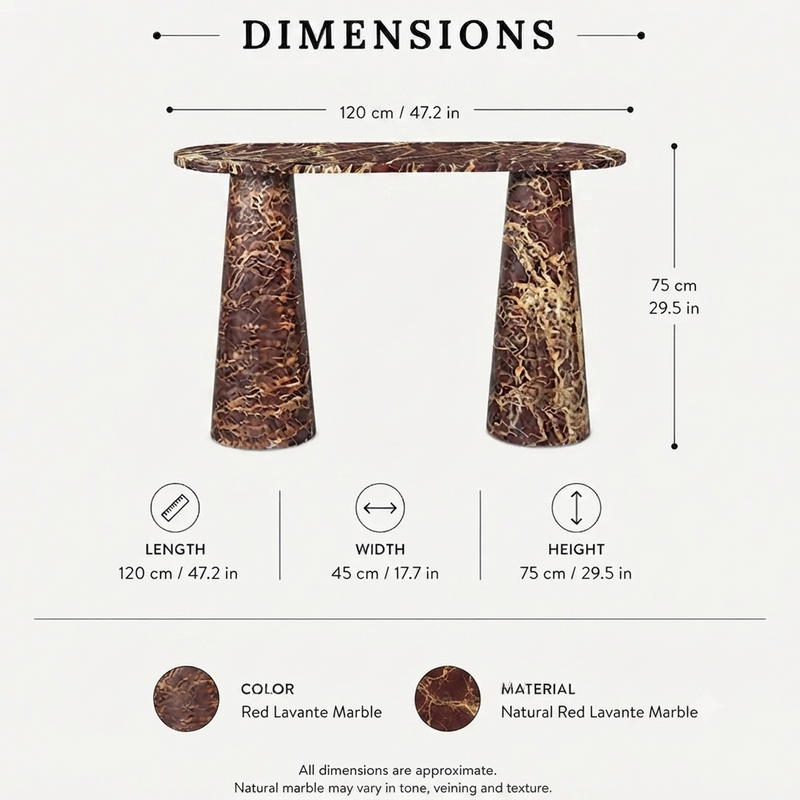 Rosso Levante Tapered Double-Pedestal Marble Console Table