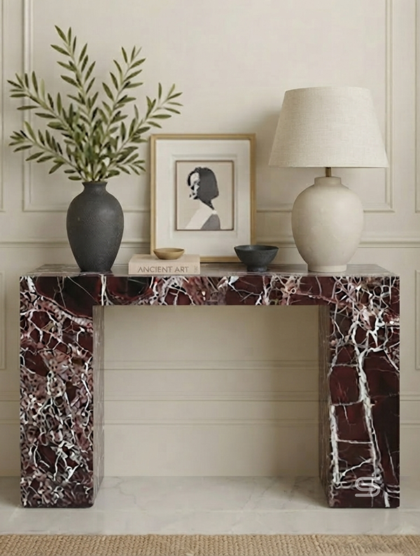 Rosso Levanto Monolithic Waterfall Portal Marble Console Table