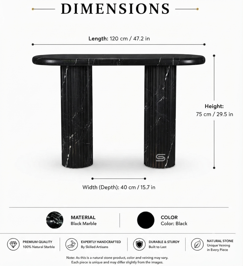 Obsidian Capsule-Top Reeded Black Marble Console Table