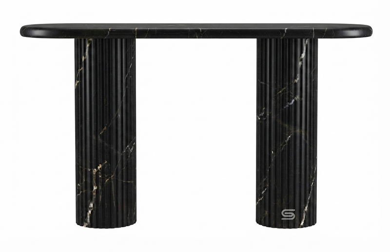 Obsidian Capsule-Top Reeded Black Marble Console Table