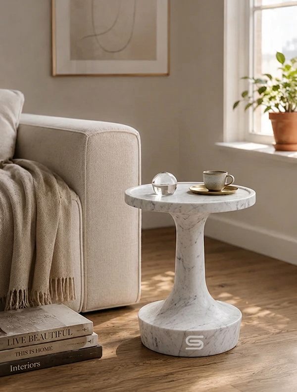 Aura Trumpet Sculptural White Marble Side Table