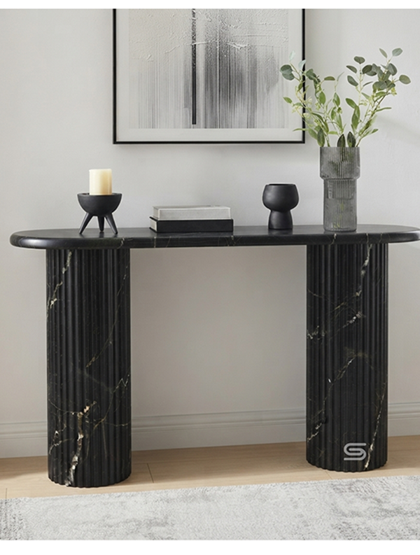 Obsidian Capsule-Top Reeded Black Marble Console Table