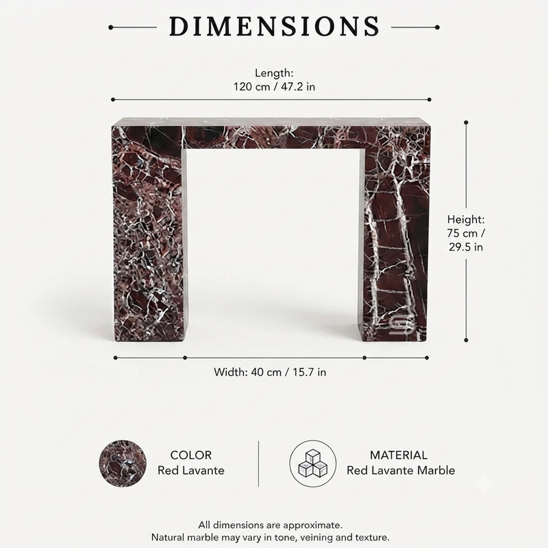 Rosso Levanto Monolithic Waterfall Portal Marble Console Table