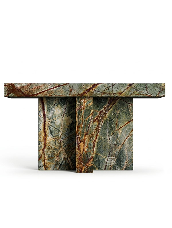 Emerald Rainforest T-Shaped Solid Marble Console Table