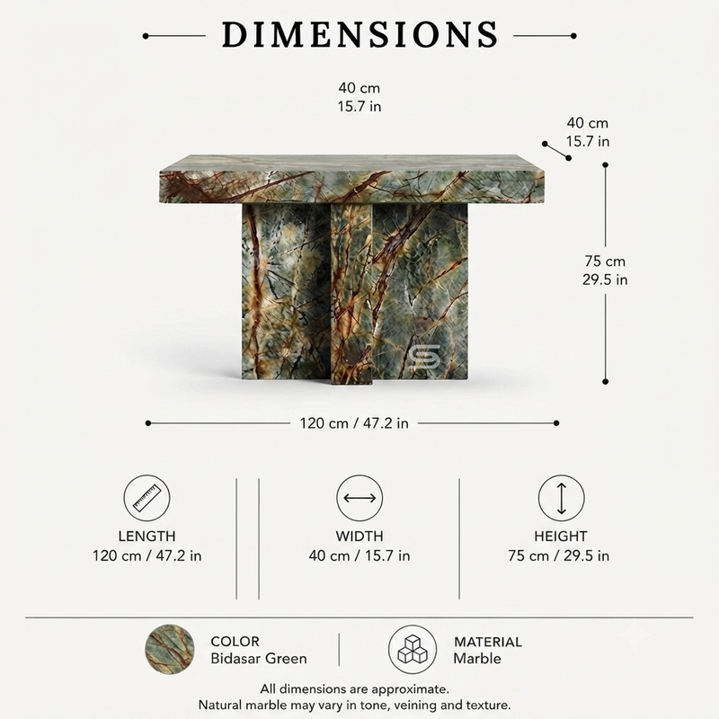Emerald Rainforest T-Shaped Solid Marble Console Table