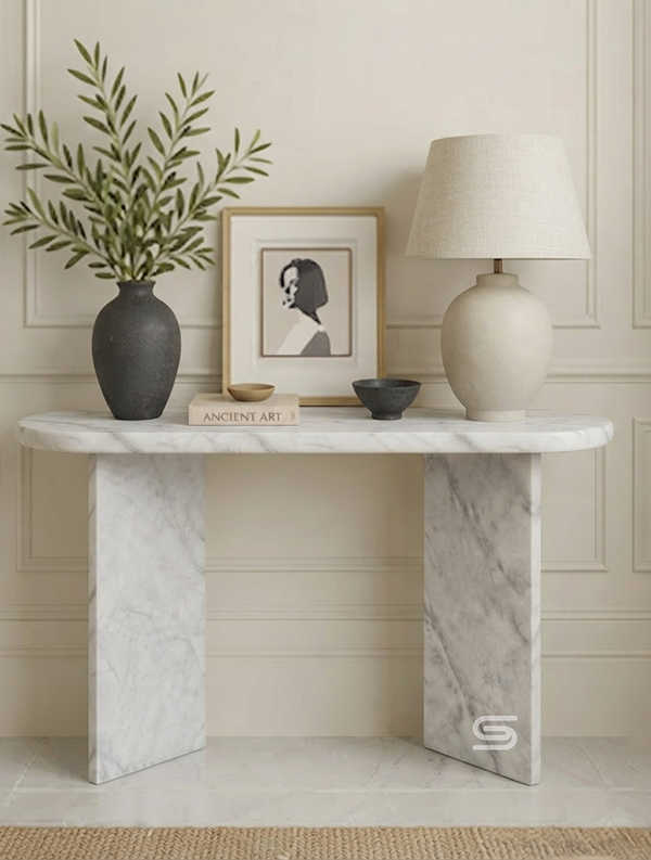 Aurelia Angled Slab-Pedestal White Carrara Console Table