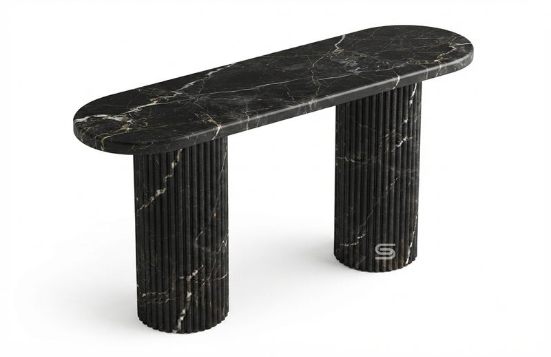 Obsidian Capsule-Top Reeded Black Marble Console Table