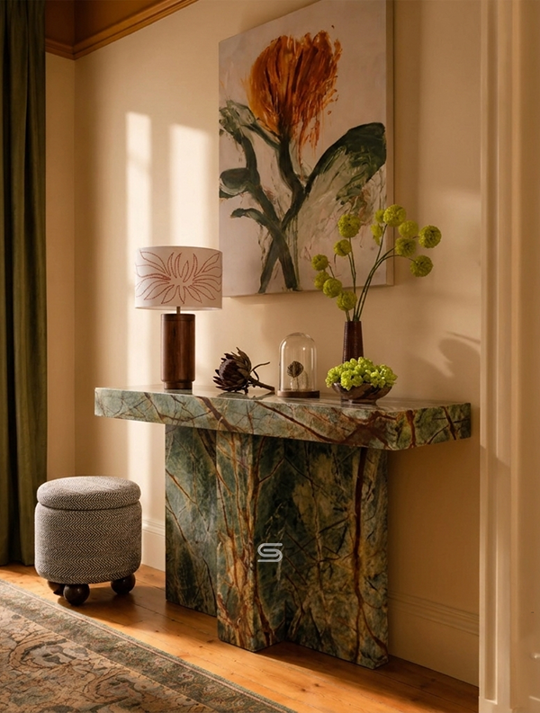 Emerald Rainforest T-Shaped Solid Marble Console Table
